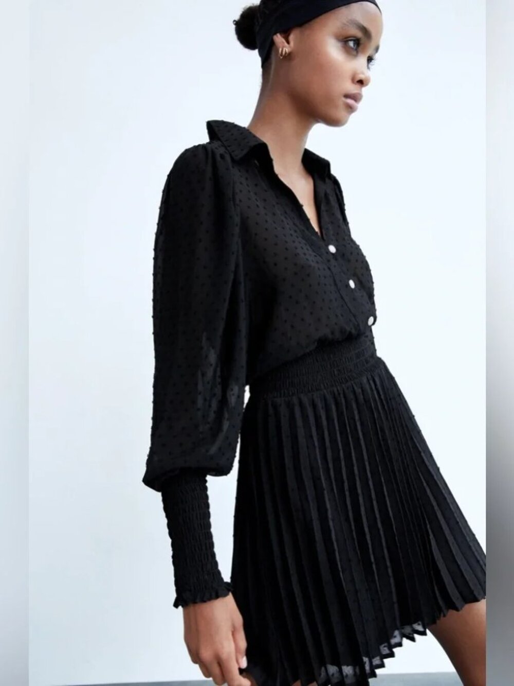 ZARA Black Swiss Dot Pleated Midi Dress Puff Sleeve Smocked‎ Waist Size S